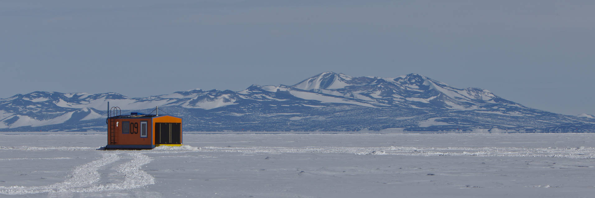 View towards the mountains from the obs tube. Dive shack 09 in the fore ground.