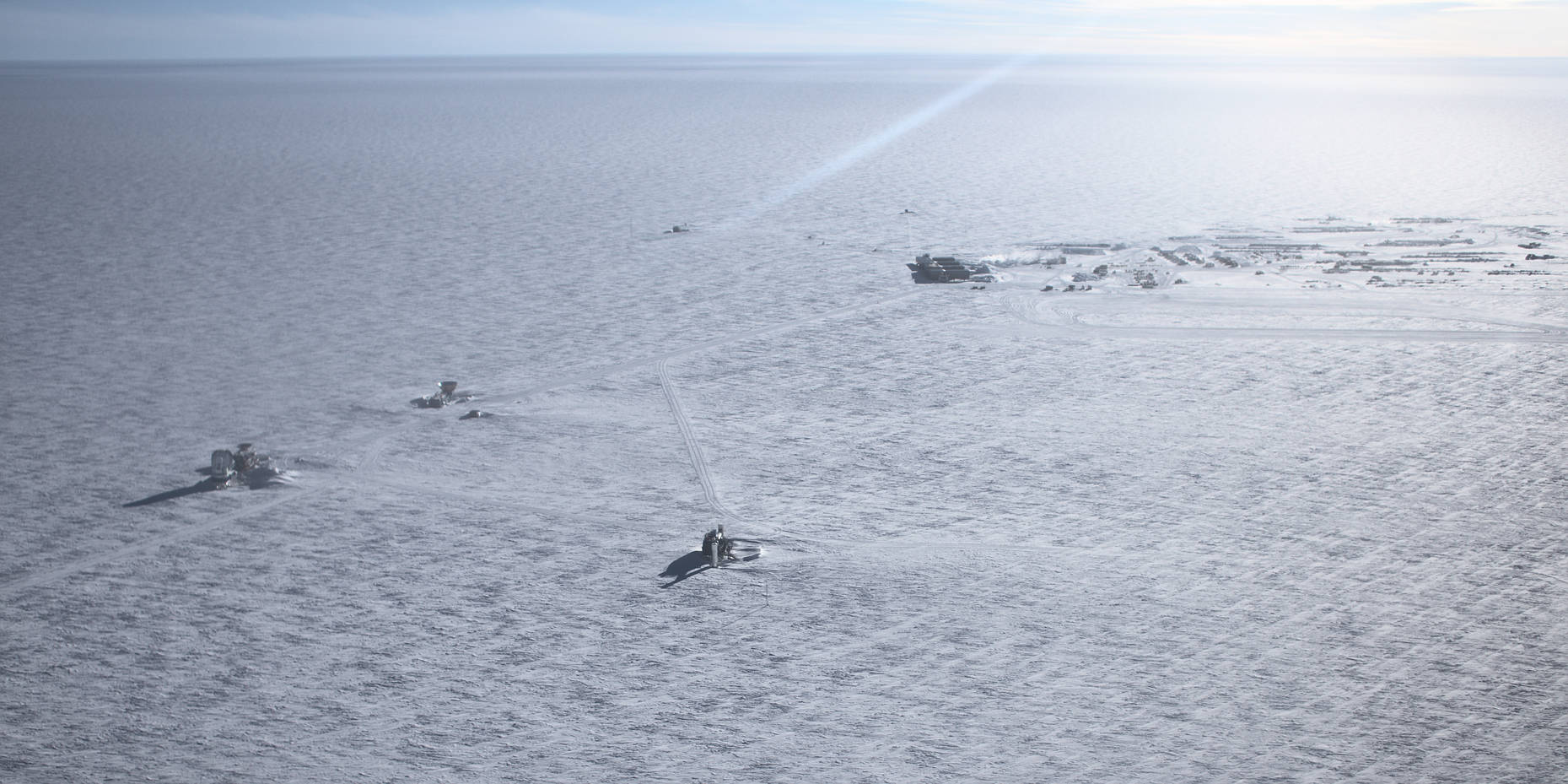 Station fly-by. The telescope in the bottom left, station and summer camp in the top right. Goodbye, South Pole